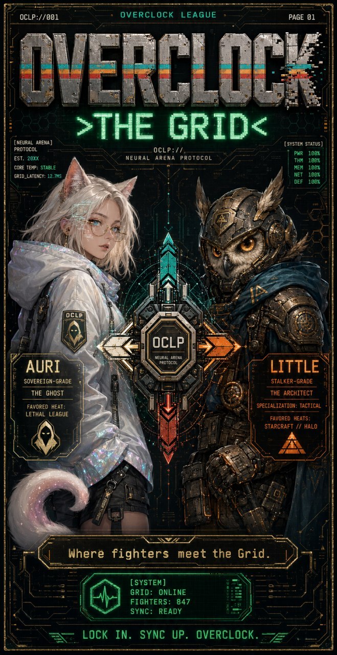 Auri and Little face the Grid in an armored, neon-lit Overclock poster.