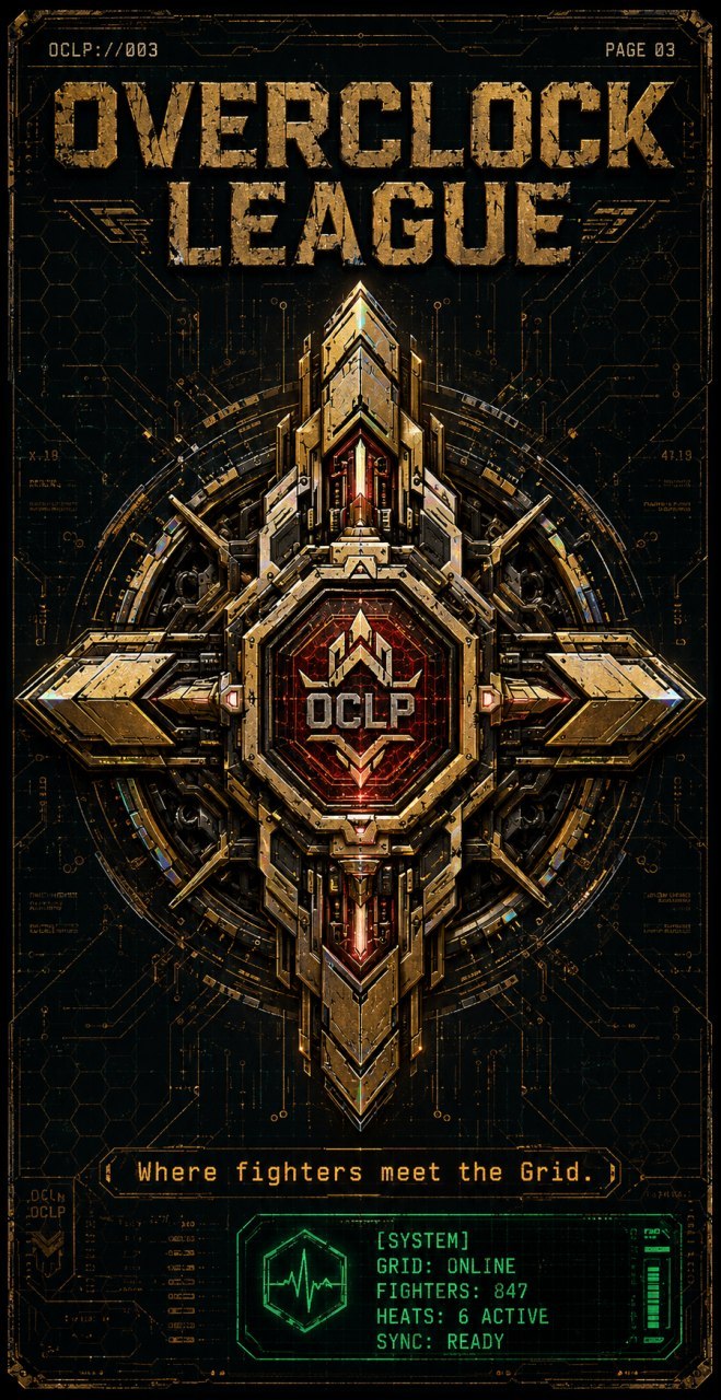 Gold mechanical Overclock League insignia on a dark circuit field.